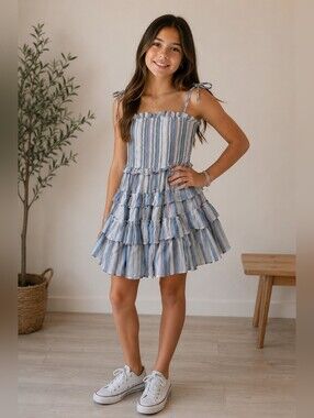 Storia Blue and White Striped Smocked Tiered Dress with Tie Straps
